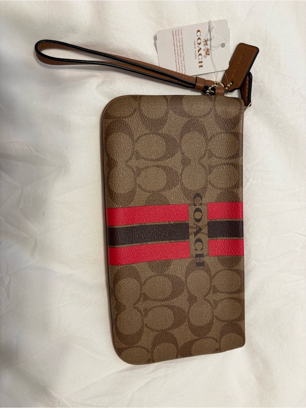 Coach Brown Signature Canvas Wristlet with Red and Black Stripes NWT